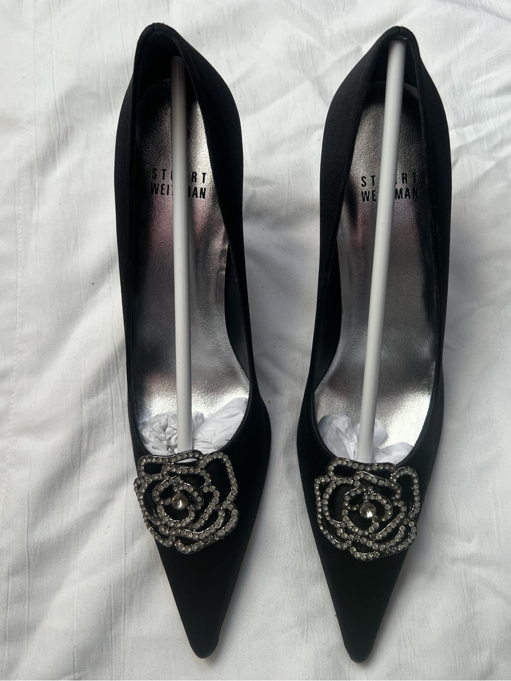 Stuart Weitzman Black Pointed Toe Pumps with Floral Brooch